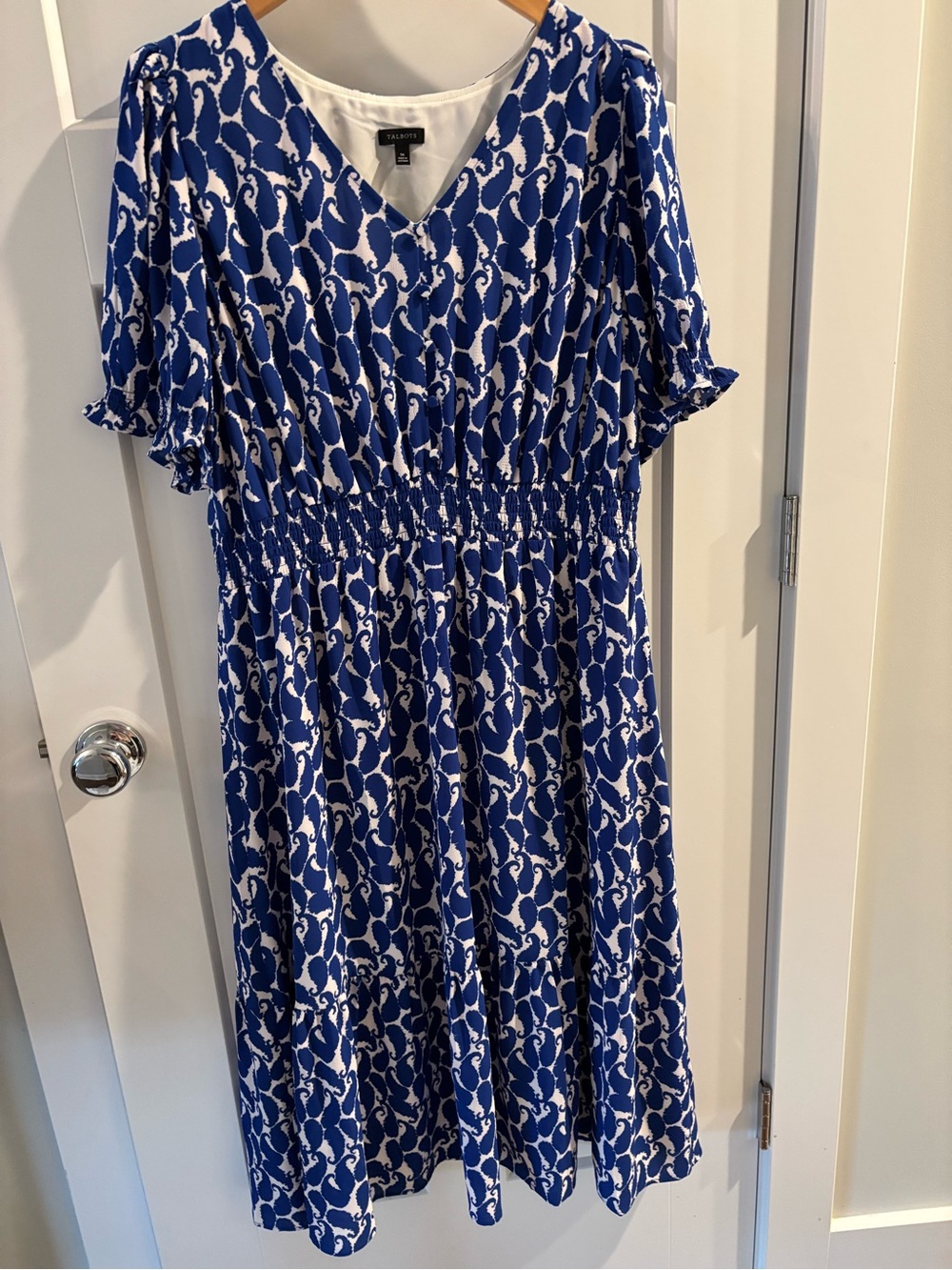 Talbots Royal Blue and White Printed V-Neck Midi Dress